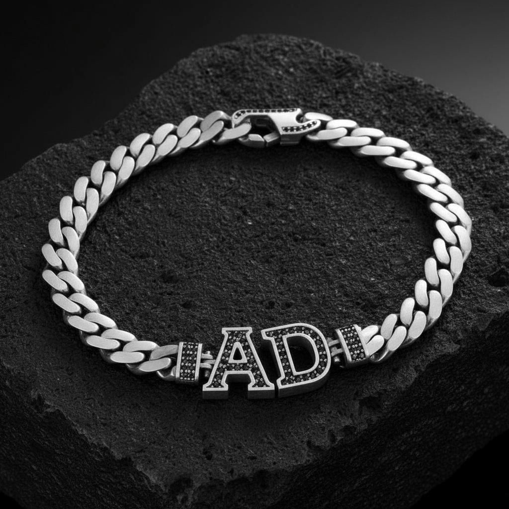 10mm Wide Solid Miami Cuban Link Bracelet with custom name initials studded with AAA black zircons | 925 Sterling Silver Bracelet | With Certificate of Authenticity and 925 Hallmark