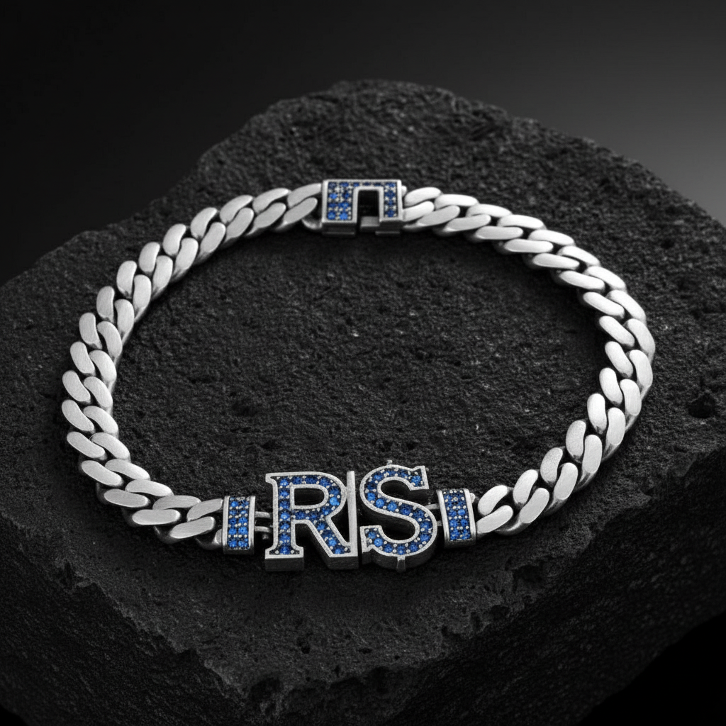 10mm Wide Solid Miami Cuban Link Bracelet with custom name initials studded with AAA black zircons | 925 Sterling Silver Bracelet | With Certificate of Authenticity and 925 Hallmark