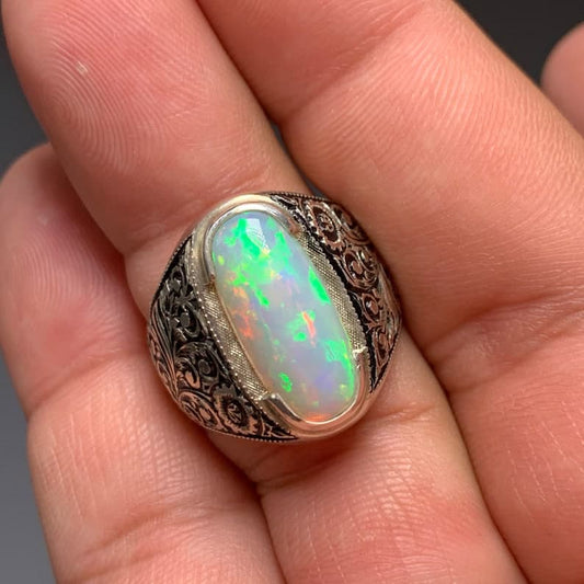 Unique Designed Turkish Style Ring with 15 carats Ethiopean Opal | 925 Sterling Silver Oxidized Ring | With Certificate of Authenticity and 925 Hallmark