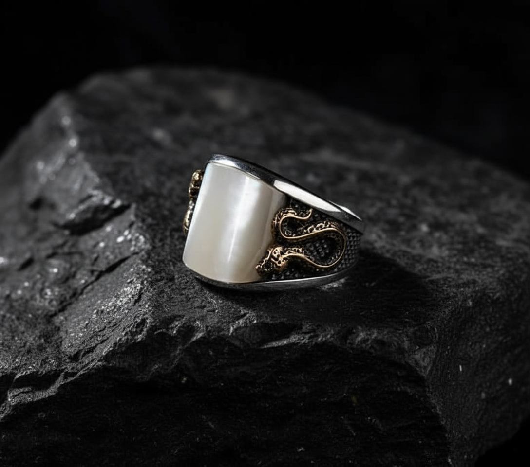 Unique Designed Turkish Style Curved Ring with Mother Of Pearl | 925 Sterling Silver Ring |With Certificate of Authenticity and 925 Hallmark