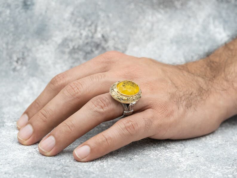 Unique Turkish Style Ring with Yellow Sapphire | 925 Sterling Silver Oxidized Ring | With Certificate of Authenticity and 925 Hallmark