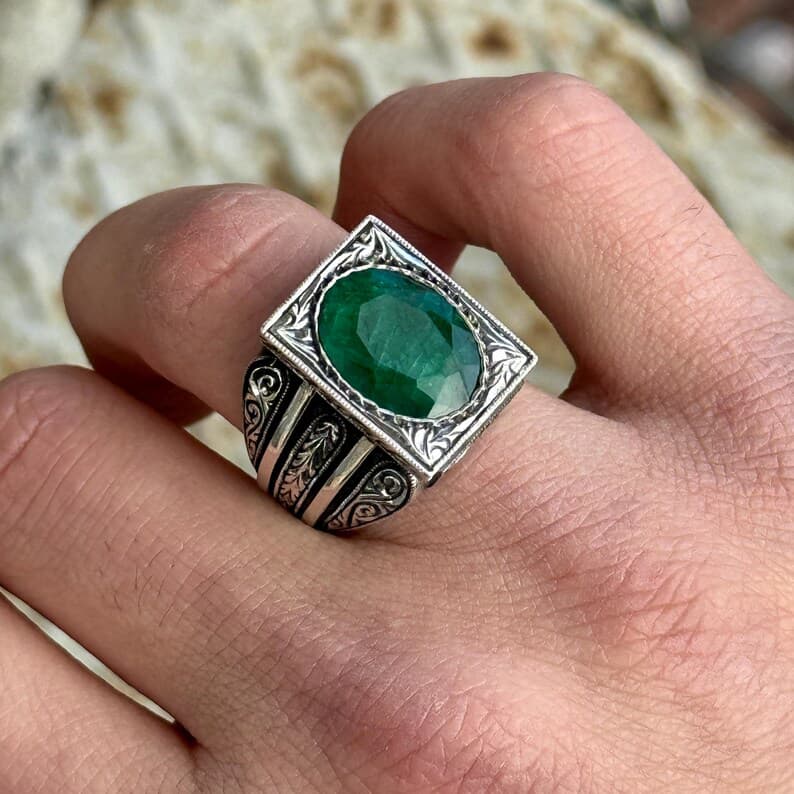 RARE PRINCE by CARAT SUTRA | Unique Designed Turkish Style Ring with Emerald | 925 Sterling Silver Oxidized Ring | Men's Jewelry | With Certificate of Authenticity and 925 Hallmark