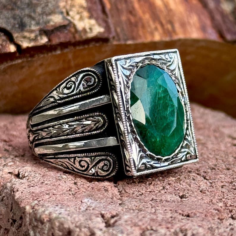 RARE PRINCE by CARAT SUTRA | Unique Designed Turkish Style Ring with Emerald | 925 Sterling Silver Oxidized Ring | Men's Jewelry | With Certificate of Authenticity and 925 Hallmark