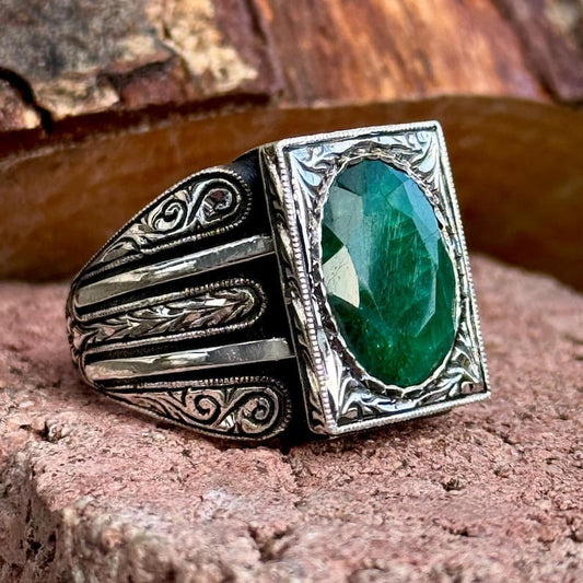 RARE PRINCE by CARAT SUTRA | Unique Designed Turkish Style Ring with Emerald | 925 Sterling Silver Oxidized Ring | Men's Jewelry | With Certificate of Authenticity and 925 Hallmark