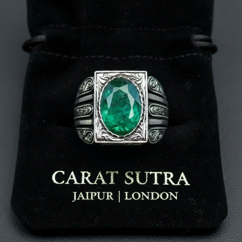 RARE PRINCE by CARAT SUTRA | Unique Designed Turkish Style Ring with Emerald | 925 Sterling Silver Oxidized Ring | Men's Jewelry | With Certificate of Authenticity and 925 Hallmark