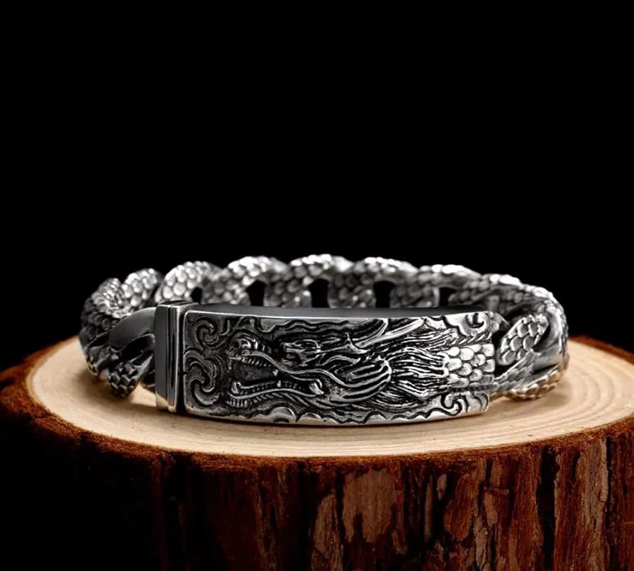 16mm wide Unique Embossed Dragon Bracelet for Men | 925 Sterling Silver Bracelet | With Certificate of Authenticity and 925 Hallmark