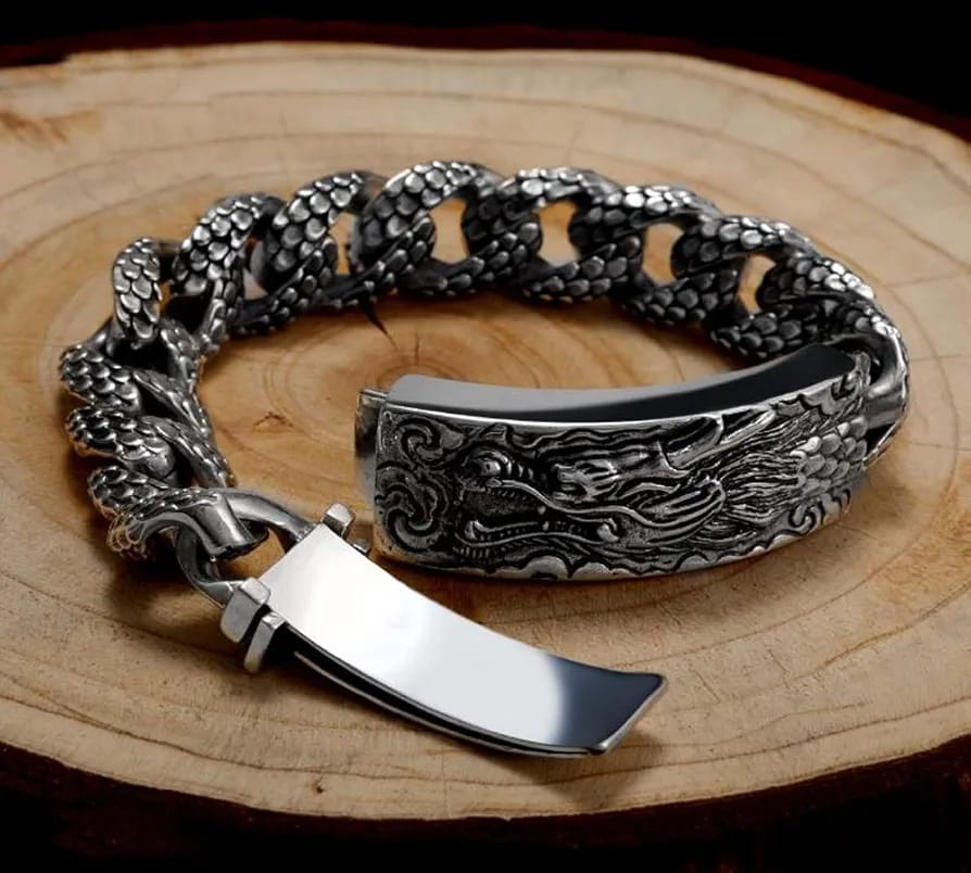 16mm wide Unique Embossed Dragon Bracelet for Men | 925 Sterling Silver Bracelet | With Certificate of Authenticity and 925 Hallmark