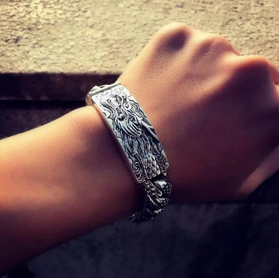 16mm wide Unique Embossed Dragon Bracelet for Men | 925 Sterling Silver Bracelet | With Certificate of Authenticity and 925 Hallmark