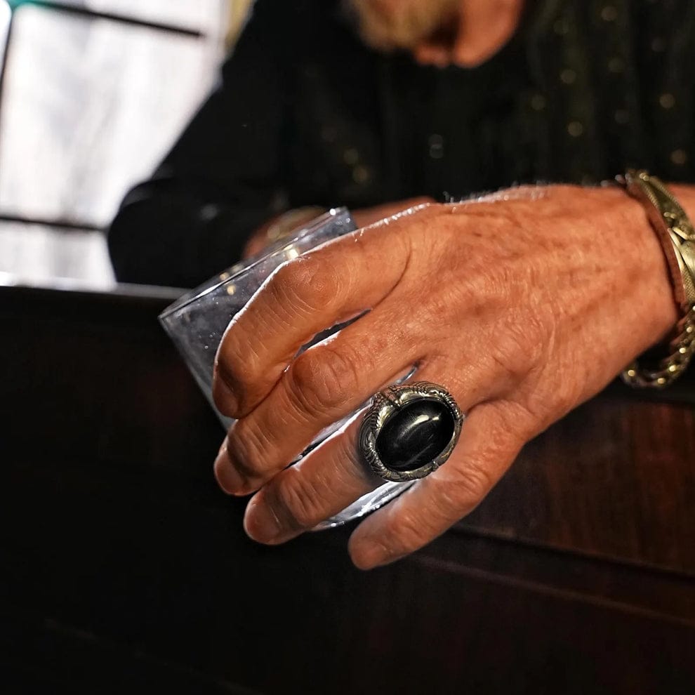RARE PRINCE by CARAT SUTRA | Biker Guy, Oval shaped Turkish Style Ring with Natural Black Onyx (Sulemani Hakik) with Eagle| 925 Sterling Silver Oxidized Ring | Men's Jewelry | With Certificate of Authenticity and 925 Hallmark (Copy)