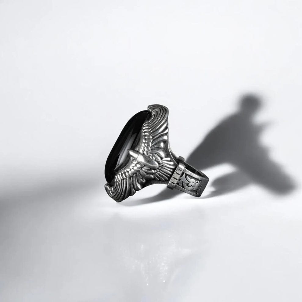 RARE PRINCE by CARAT SUTRA | Biker Guy, Oval shaped Turkish Style Ring with Natural Black Onyx (Sulemani Hakik) with Eagle| 925 Sterling Silver Oxidized Ring | Men's Jewelry | With Certificate of Authenticity and 925 Hallmark (Copy)