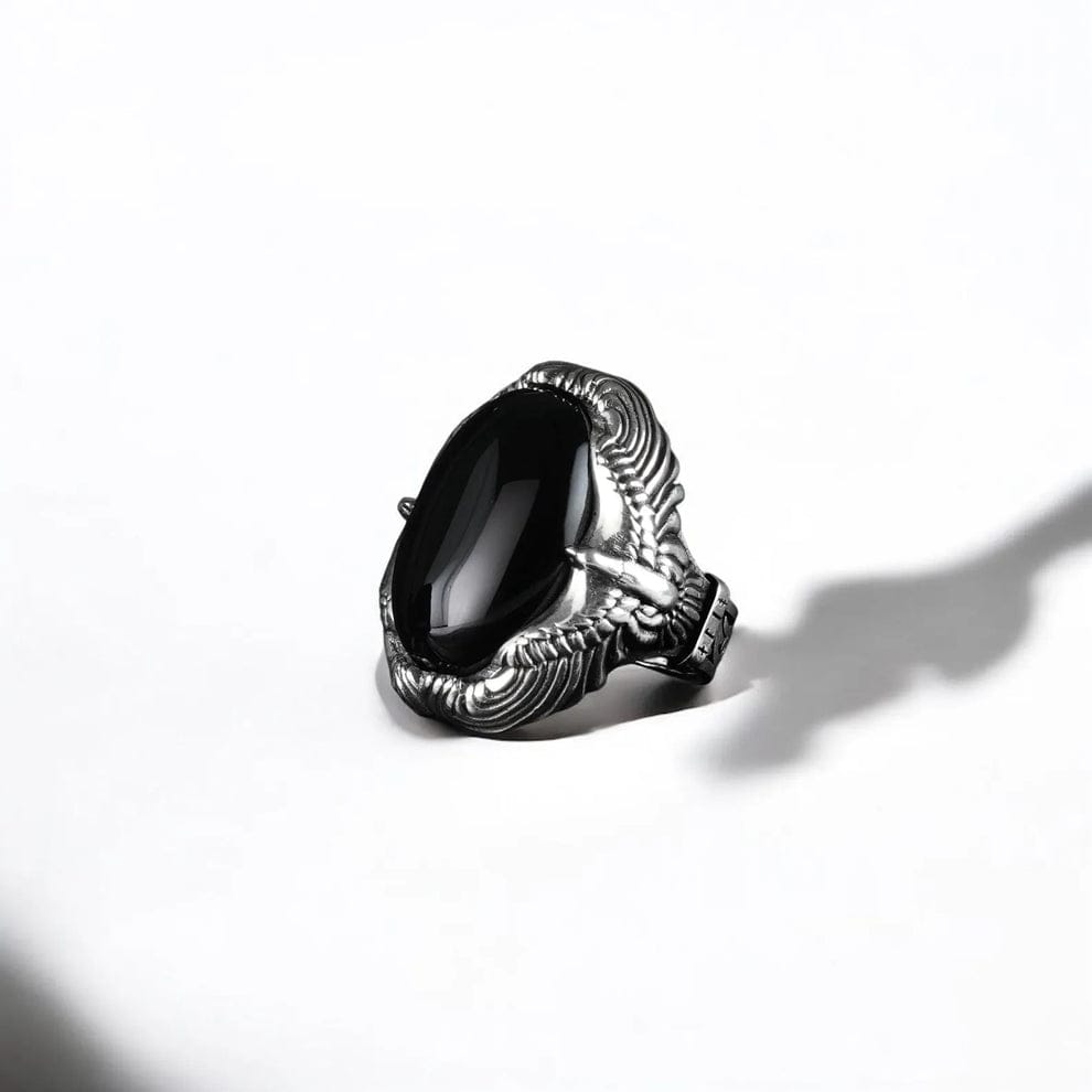 RARE PRINCE by CARAT SUTRA | Biker Guy, Oval shaped Turkish Style Ring with Natural Black Onyx (Sulemani Hakik) with Eagle| 925 Sterling Silver Oxidized Ring | Men's Jewelry | With Certificate of Authenticity and 925 Hallmark (Copy)