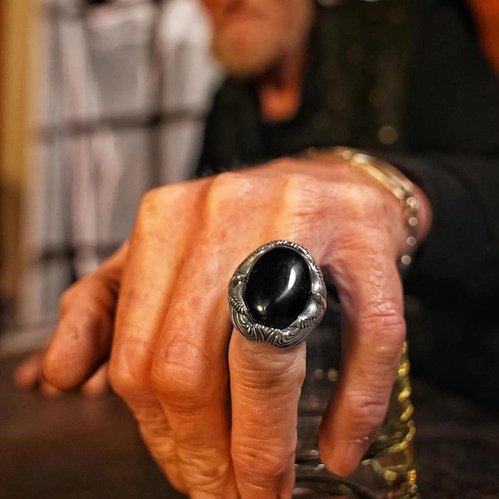 RARE PRINCE by CARAT SUTRA | Biker Guy, Oval shaped Turkish Style Ring with Natural Black Onyx (Sulemani Hakik) with Eagle| 925 Sterling Silver Oxidized Ring | Men's Jewelry | With Certificate of Authenticity and 925 Hallmark (Copy)