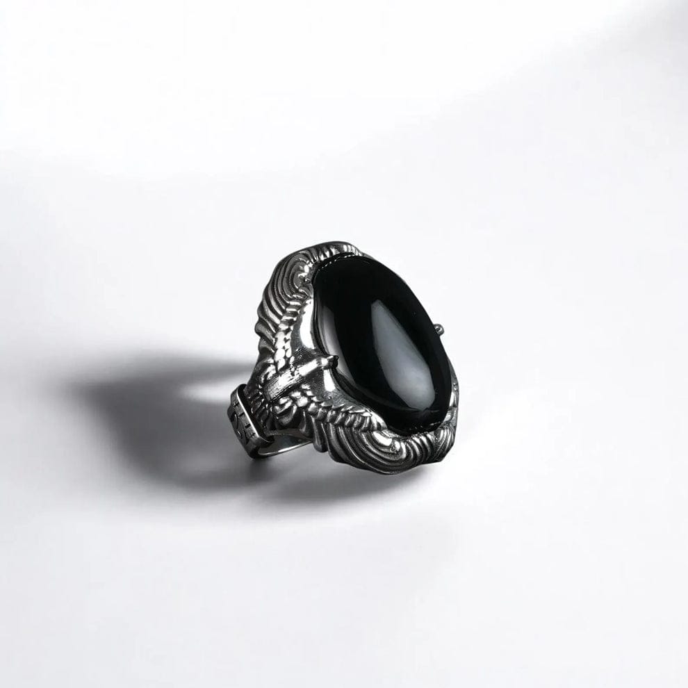 RARE PRINCE by CARAT SUTRA | Biker Guy, Oval shaped Turkish Style Ring with Natural Black Onyx (Sulemani Hakik) with Eagle| 925 Sterling Silver Oxidized Ring | Men's Jewelry | With Certificate of Authenticity and 925 Hallmark (Copy)