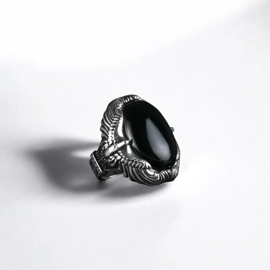 RARE PRINCE by CARAT SUTRA | Biker Guy, Oval shaped Turkish Style Ring with Natural Black Onyx (Sulemani Hakik) with Eagle| 925 Sterling Silver Oxidized Ring | Men's Jewelry | With Certificate of Authenticity and 925 Hallmark (Copy)