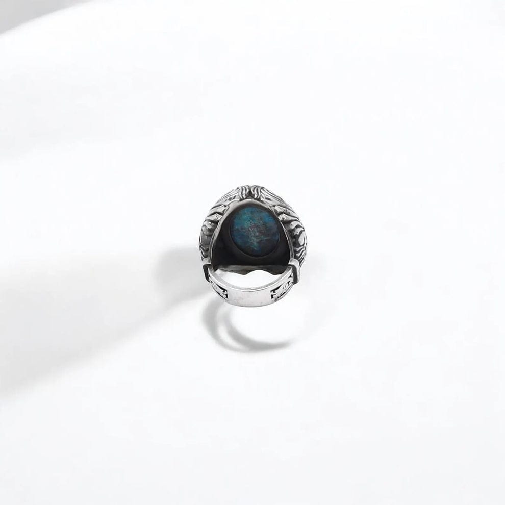 RARE PRINCE by CARAT SUTRA | Biker Guy, Oval shaped Turkish Style Ring with Natural Irani Turquoise (Firoza) with Eagle | 925 Sterling Silver Oxidized Ring | Men's Jewelry | With Certificate of Authenticity and 925 Hallmark