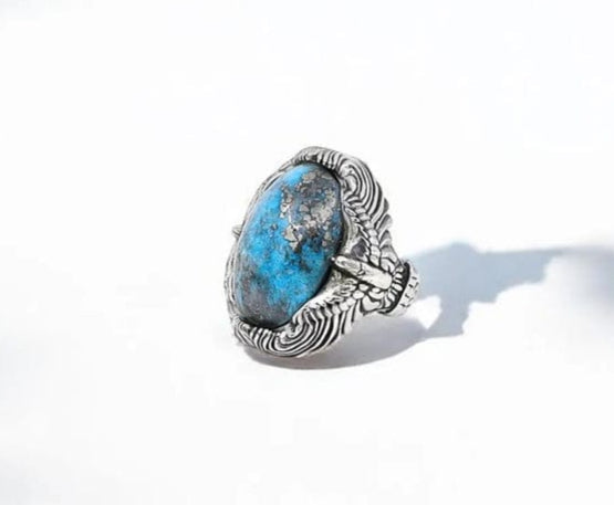 RARE PRINCE by CARAT SUTRA | Biker Guy, Oval shaped Turkish Style Ring with Natural Irani Turquoise (Firoza) with Eagle | 925 Sterling Silver Oxidized Ring | Men's Jewelry | With Certificate of Authenticity and 925 Hallmark
