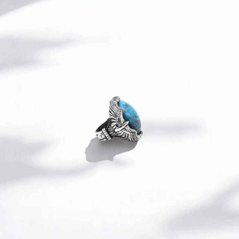 RARE PRINCE by CARAT SUTRA | Biker Guy, Oval shaped Turkish Style Ring with Natural Irani Turquoise (Firoza) with Eagle | 925 Sterling Silver Oxidized Ring | Men's Jewelry | With Certificate of Authenticity and 925 Hallmark