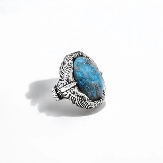 RARE PRINCE by CARAT SUTRA | Biker Guy, Oval shaped Turkish Style Ring with Natural Irani Turquoise (Firoza) with Eagle | 925 Sterling Silver Oxidized Ring | Men's Jewelry | With Certificate of Authenticity and 925 Hallmark