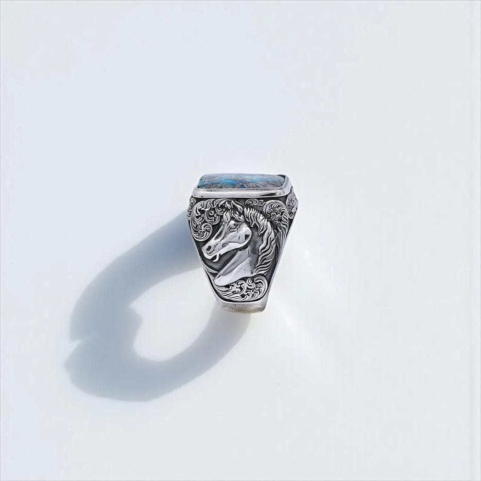 RARE PRINCE by CARAT SUTRA | Biker Guy, Oval shaped Turkish Style Ring with Natural Irani Turquoise (Firoza) with Horse | 925 Sterling Silver Oxidized Ring | Men's Jewelry | With Certificate of Authenticity and 925 Hallmark