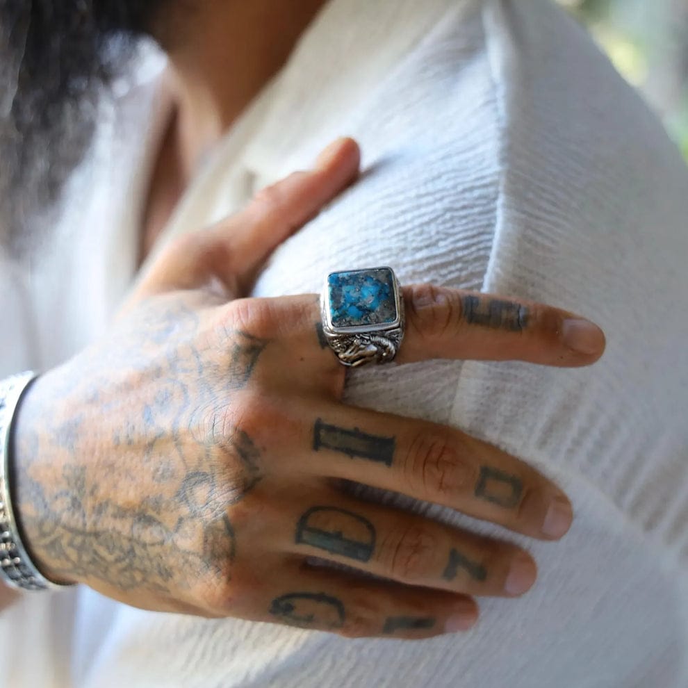 RARE PRINCE by CARAT SUTRA | Biker Guy, Oval shaped Turkish Style Ring with Natural Irani Turquoise (Firoza) with Horse | 925 Sterling Silver Oxidized Ring | Men's Jewelry | With Certificate of Authenticity and 925 Hallmark