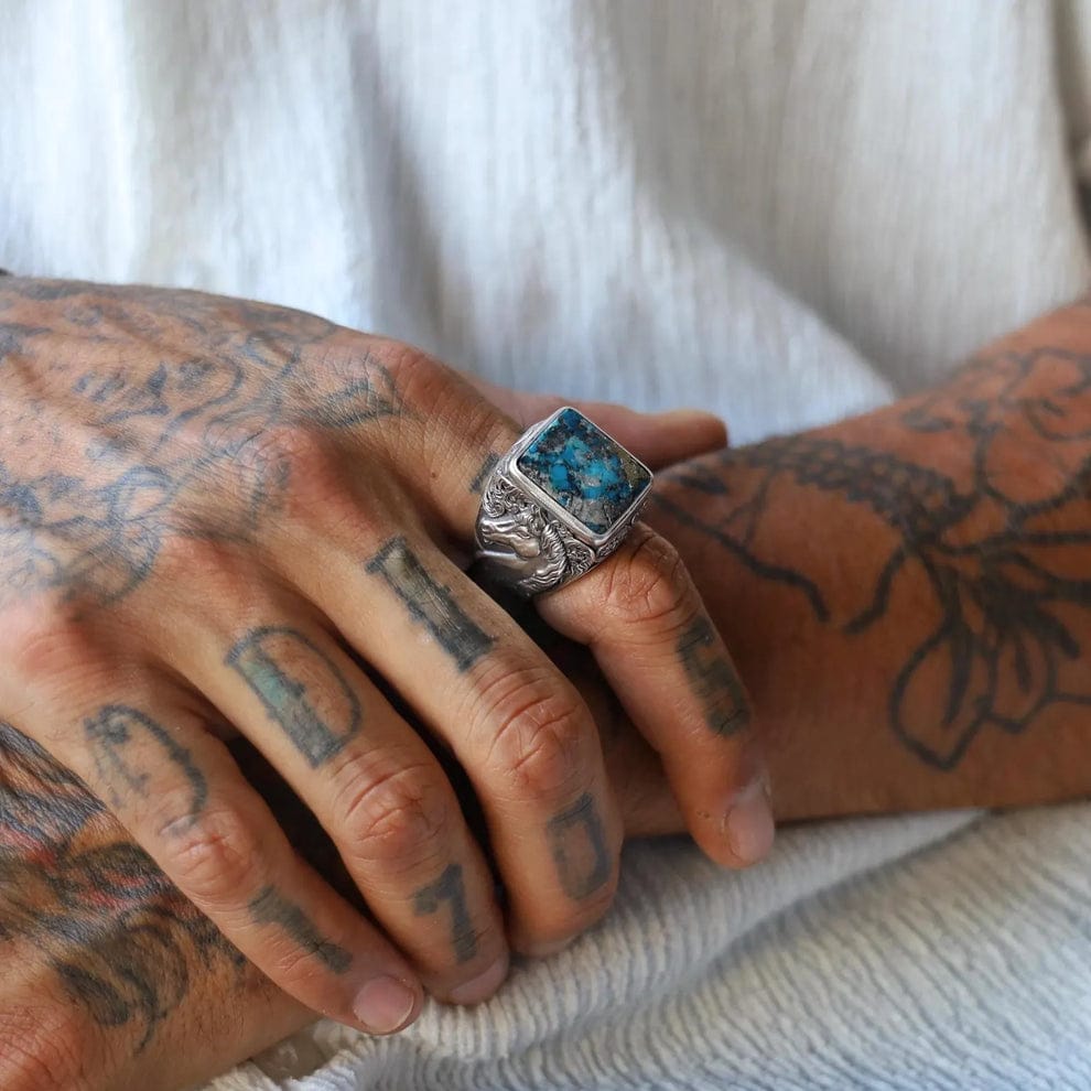 RARE PRINCE by CARAT SUTRA | Biker Guy, Oval shaped Turkish Style Ring with Natural Irani Turquoise (Firoza) with Horse | 925 Sterling Silver Oxidized Ring | Men's Jewelry | With Certificate of Authenticity and 925 Hallmark