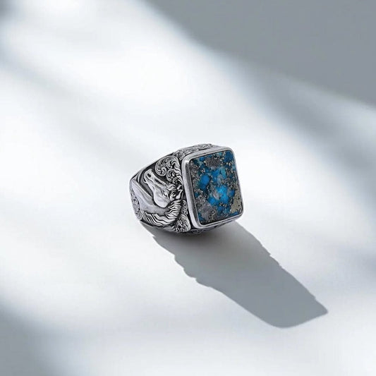 RARE PRINCE by CARAT SUTRA | Biker Guy, Oval shaped Turkish Style Ring with Natural Irani Turquoise (Firoza) with Horse | 925 Sterling Silver Oxidized Ring | Men's Jewelry | With Certificate of Authenticity and 925 Hallmark