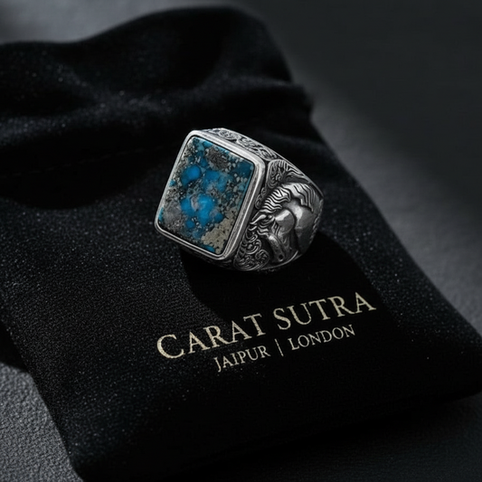 RARE PRINCE by CARAT SUTRA | Biker Guy, Oval shaped Turkish Style Ring with Natural Irani Turquoise (Firoza) with Horse | 925 Sterling Silver Oxidized Ring | Men's Jewelry | With Certificate of Authenticity and 925 Hallmark