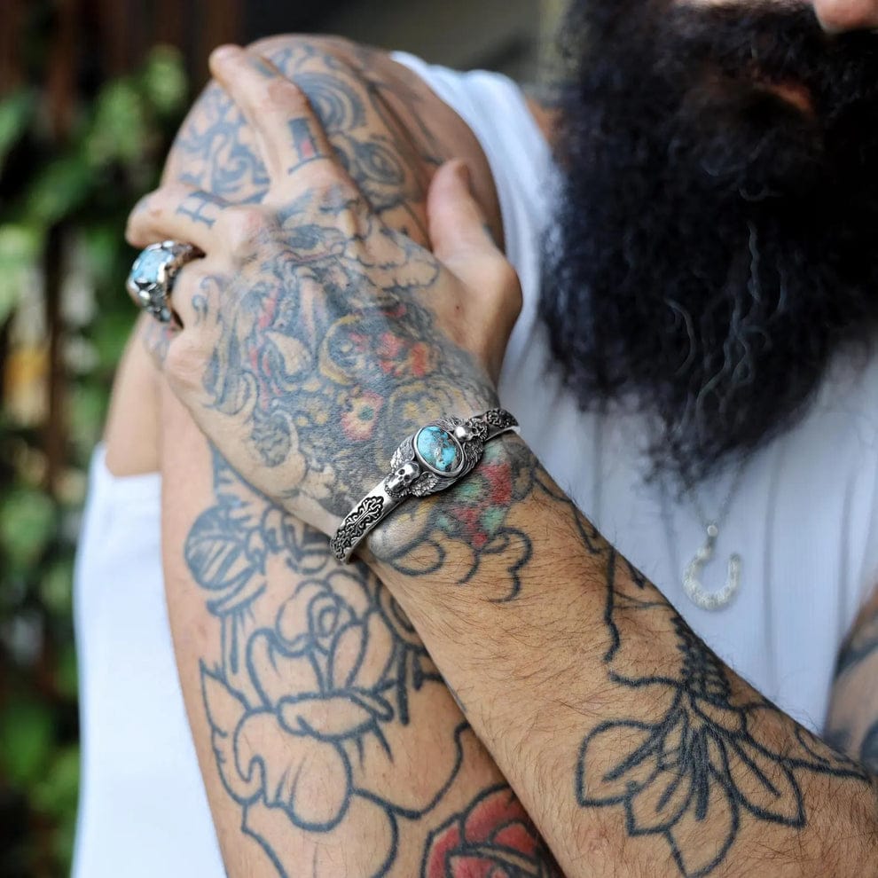 RARE PRINCE by CARAT SUTRA | Heavy Lion Chain Bracelet with Natural Irani Turquoise (Firoza) for Men | 925 Sterling Silver Bracelet | Men's Jewelry | With Certificate of Authenticity and 925 Hallmark