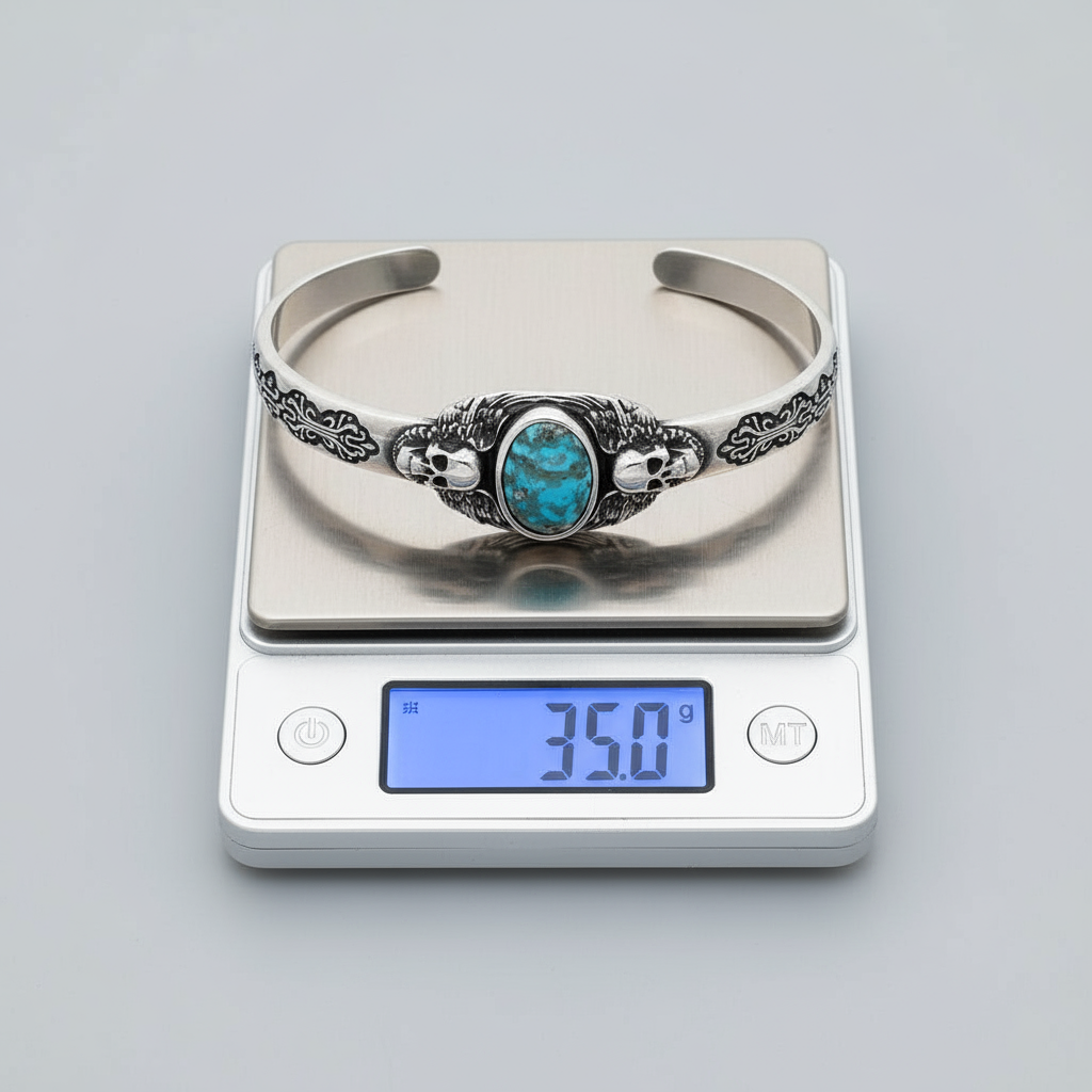 RARE PRINCE by CARAT SUTRA | Adjustable Skull Cuff/ kada with Natural Irani Turquoise (Firoza) | 925 Sterling Silver Bracelet | With Certificate of Authenticity and 925 Hallmark