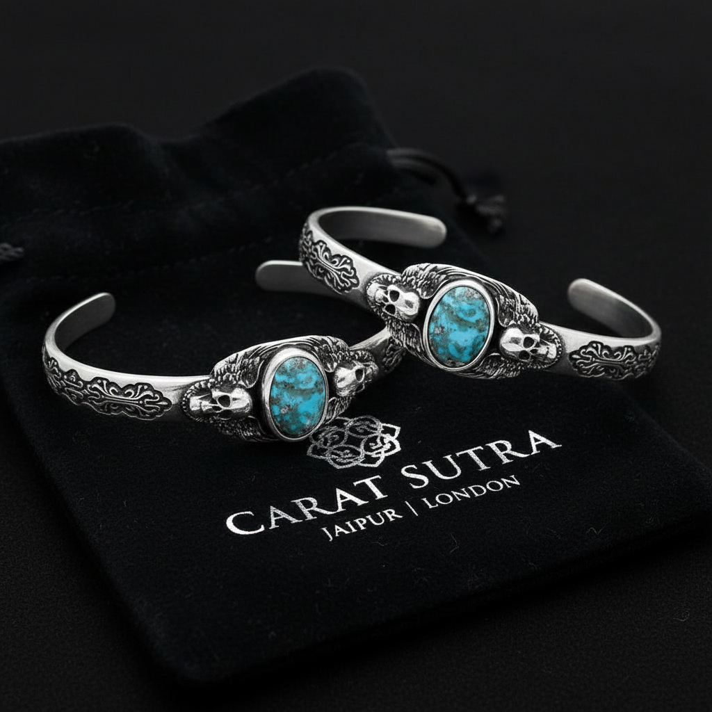 RARE PRINCE by CARAT SUTRA | Adjustable Skull Cuff/ kada with Natural Irani Turquoise (Firoza) | 925 Sterling Silver Bracelet | With Certificate of Authenticity and 925 Hallmark