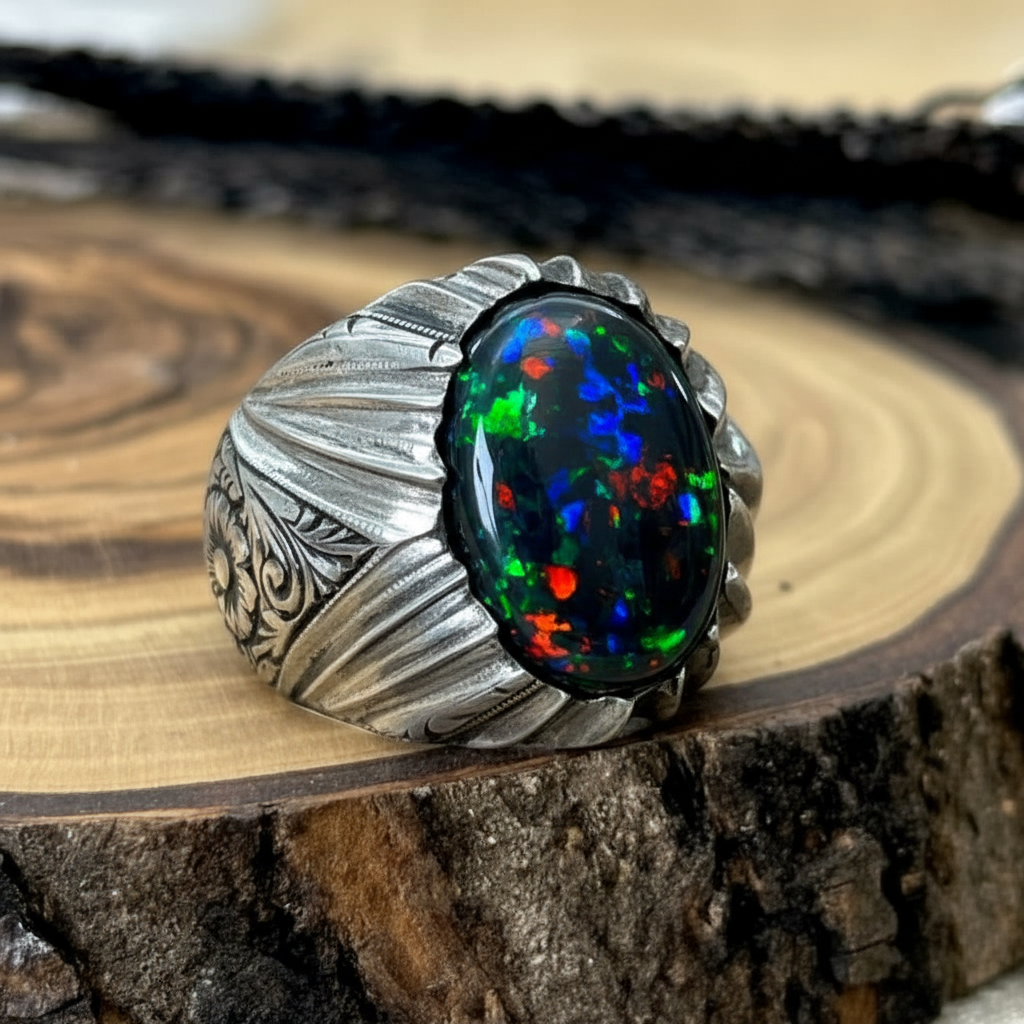 Unique Designed Turkish Style Ring with 12ct Natural Fire Black Opal | 925 Sterling Silver Oxidized Ring | With Certificate of Authenticity and 925 Hallmark