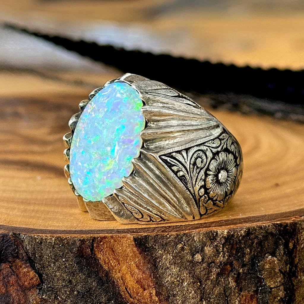 Unique Designed Turkish Style Ring with Excellent quality 12ct Fire Australian Opal | 925 Sterling Silver Oxidized Ring | With Certificate of Authenticity and 925 Hallmark