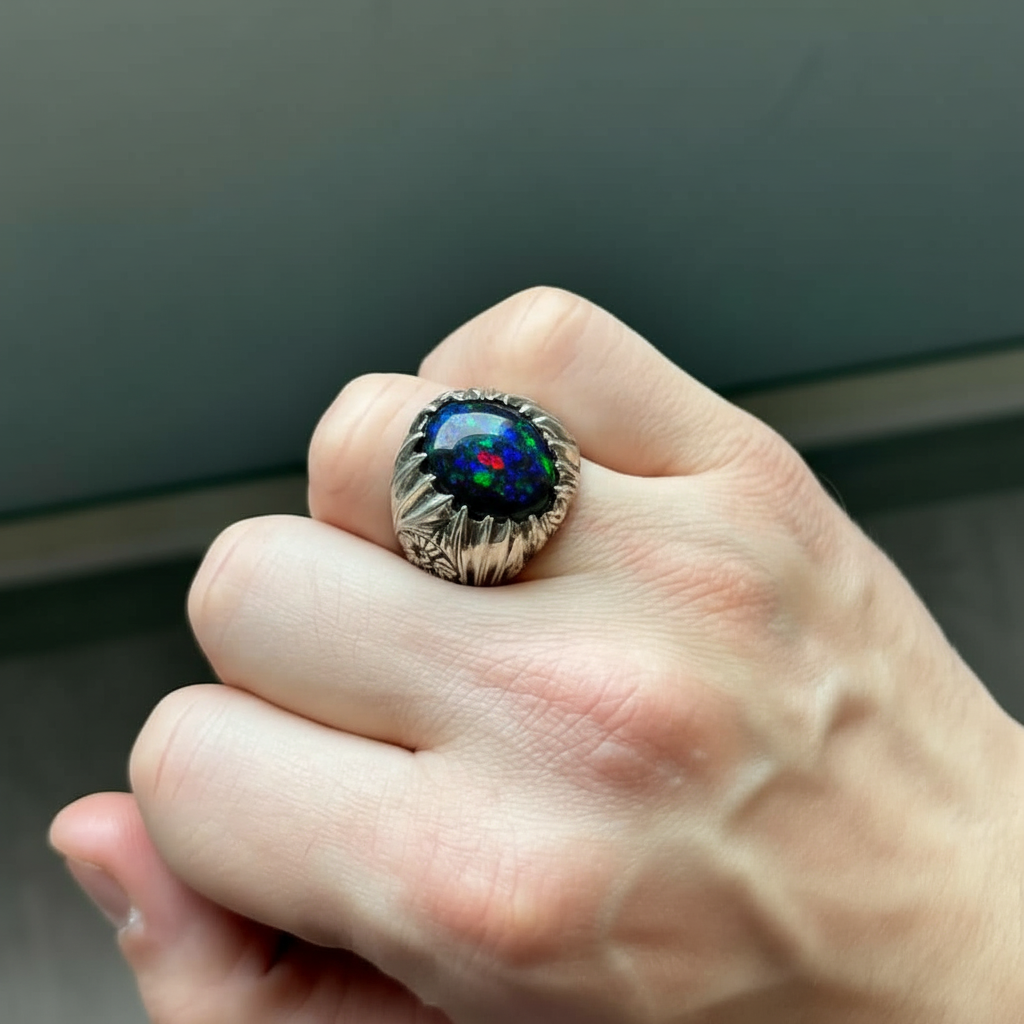 Unique Designed Turkish Style Ring with 12ct Natural Fire Black Opal | 925 Sterling Silver Oxidized Ring | With Certificate of Authenticity and 925 Hallmark
