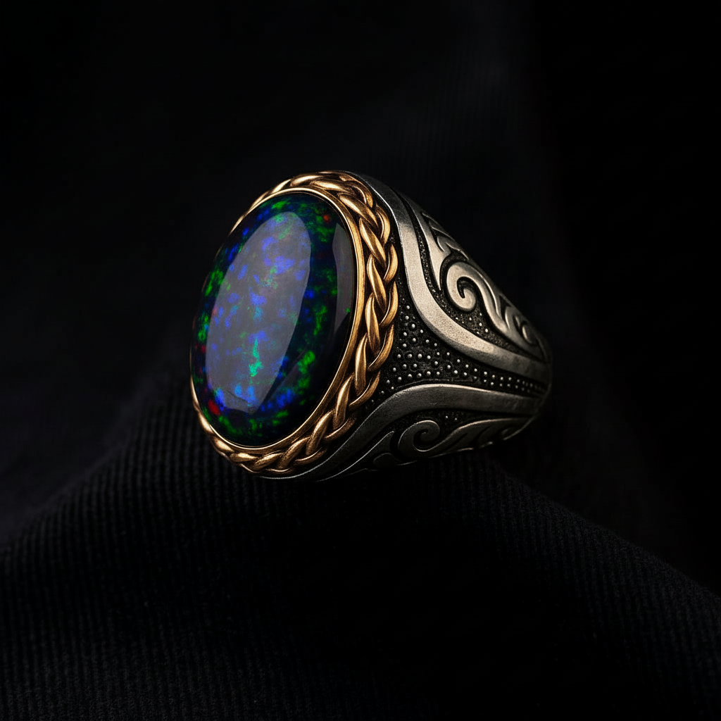 Unique Designed Turkish Style Ring with 12ct Natural Fire Black Opal | 925 Sterling Silver Oxidized Ring | With Certificate of Authenticity and 925 Hallmark