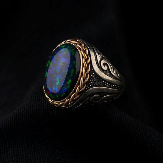 Unique Designed Turkish Style Ring with 12ct Natural Fire Black Opal | 925 Sterling Silver Oxidized Ring | With Certificate of Authenticity and 925 Hallmark
