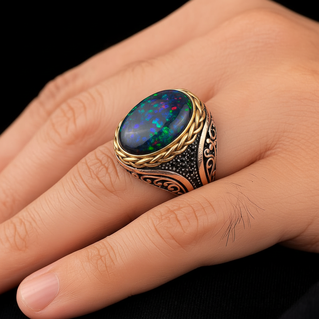 Unique Designed Turkish Style Ring with 12ct Natural Fire Black Opal | 925 Sterling Silver Oxidized Ring | With Certificate of Authenticity and 925 Hallmark