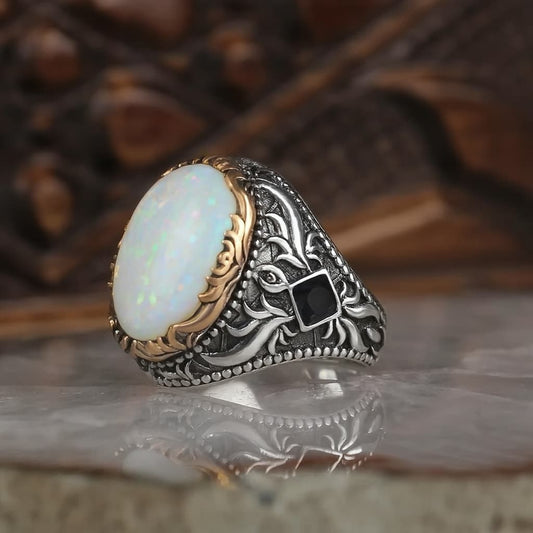Unique Designed Turkish Style Ring with 13ct Fire Australian Opal | 925 Sterling Silver Oxidized Ring | With Certificate of Authenticity and 925 Hallmark