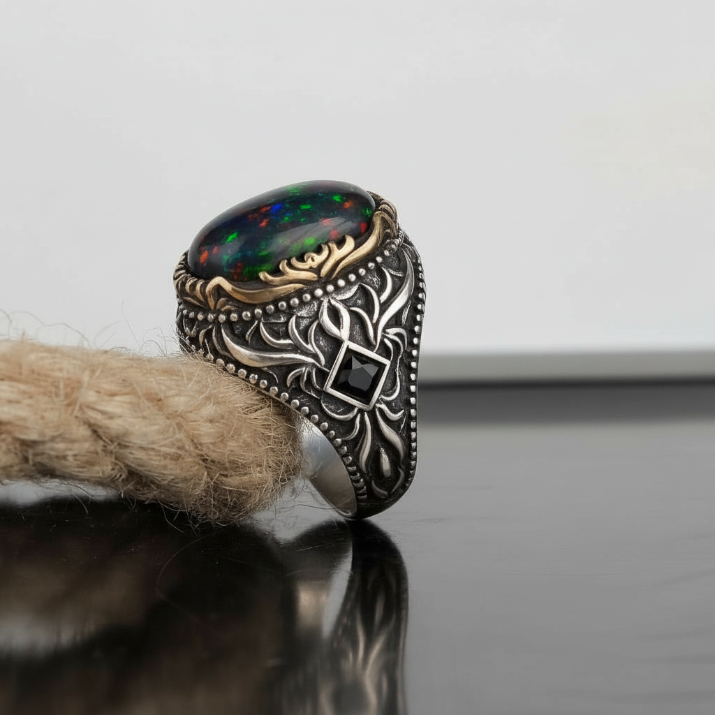 Unique Designed Turkish Style Ring with 12ct Natural Fire Black Opal | 925 Sterling Silver Oxidized Ring | With Certificate of Authenticity and 925 Hallmark