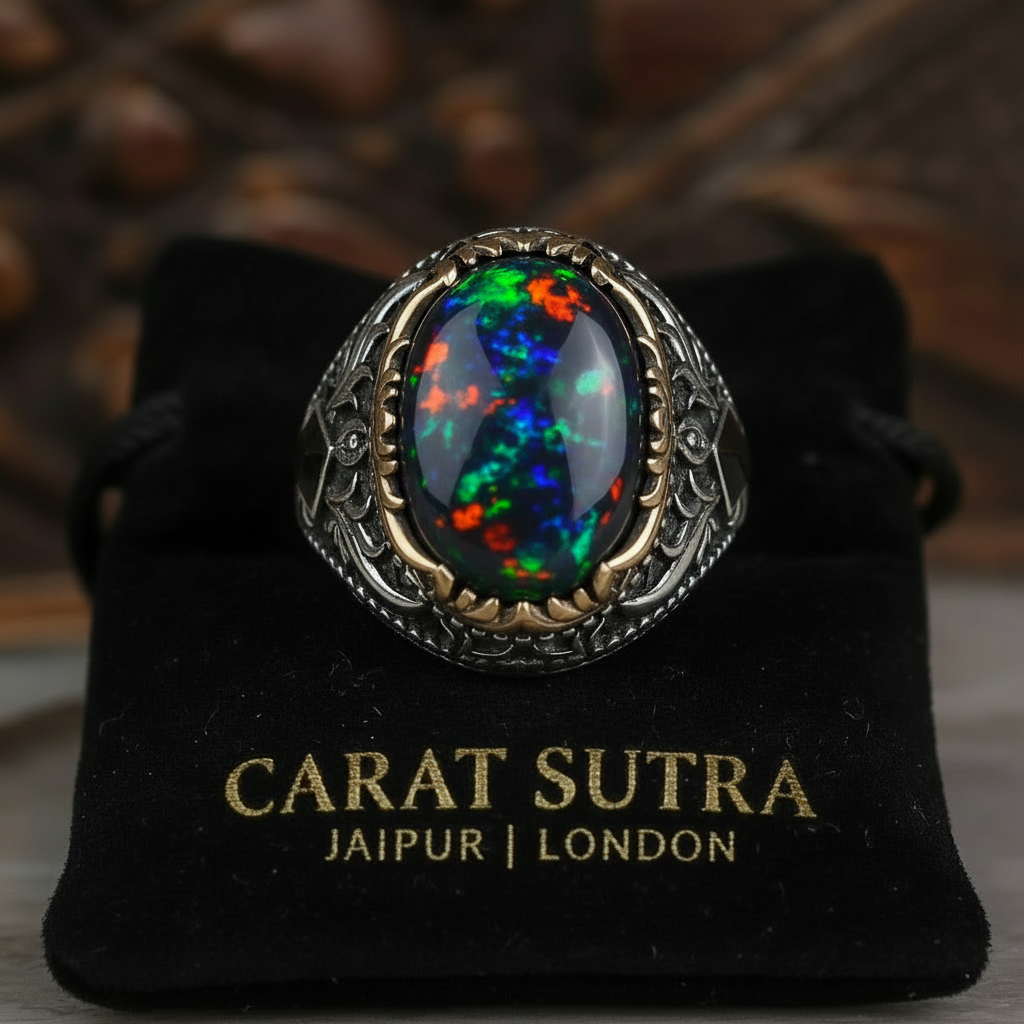 Unique Designed Turkish Style Ring with 12ct Natural Fire Black Opal | 925 Sterling Silver Oxidized Ring | With Certificate of Authenticity and 925 Hallmark