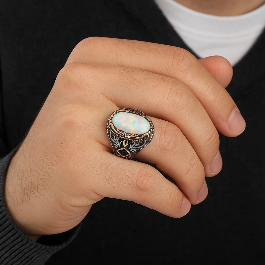 Unique Designed Turkish Style Ring with 13ct Fire Australian Opal | 925 Sterling Silver Oxidized Ring | With Certificate of Authenticity and 925 Hallmark