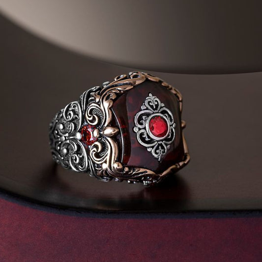 Unique Turkish Style Ring with 8.5 Ct Natural Hessonite (Gomed)| 925 Sterling Silver Oxidized Ring | Men's Jewelry | With Certificate of Authenticity and 925 Hallmark