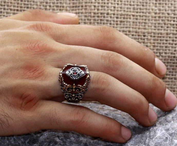 Unique Turkish Style Ring with 8.5 Ct Natural Hessonite (Gomed)| 925 Sterling Silver Oxidized Ring | Men's Jewelry | With Certificate of Authenticity and 925 Hallmark