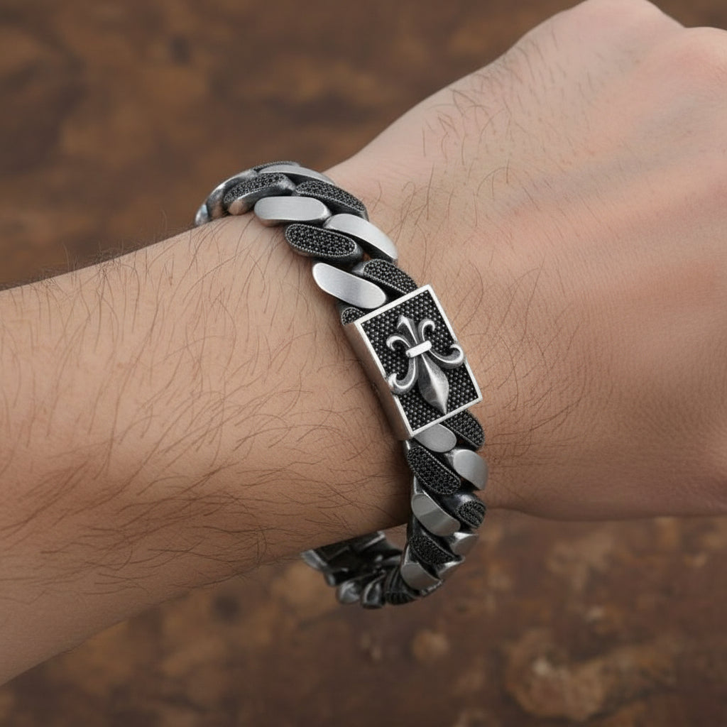16mm wide Unique Fleur-De-Lis Black Iced Cuban Link Bracelet for Men | Dark Oxidized 925 Silver Bracelet | Men's Jewelry | With Certificate of Authenticity and 925 Hallmark - caratsutra