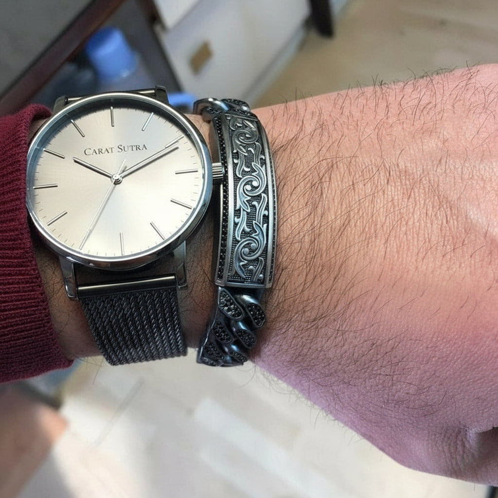 RARE PRINCE by CARAT SUTRA | 16mm Unique Dark Oxidised, Hand Engraved Cuban Link Bracelet studded with black zircon | 925 Silver Bracelet | With Certificate of Authenticity and 925 Hallmark