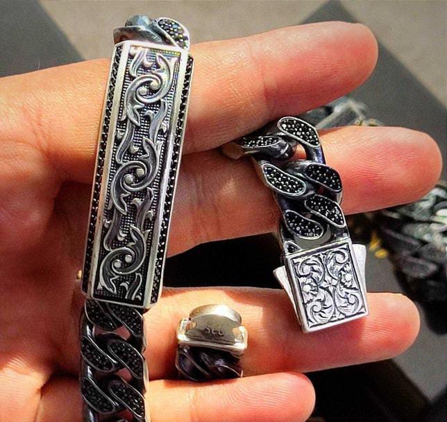 RARE PRINCE by CARAT SUTRA | 16mm Unique Dark Oxidised, Hand Engraved Cuban Link Bracelet studded with black zircon | 925 Silver Bracelet | With Certificate of Authenticity and 925 Hallmark