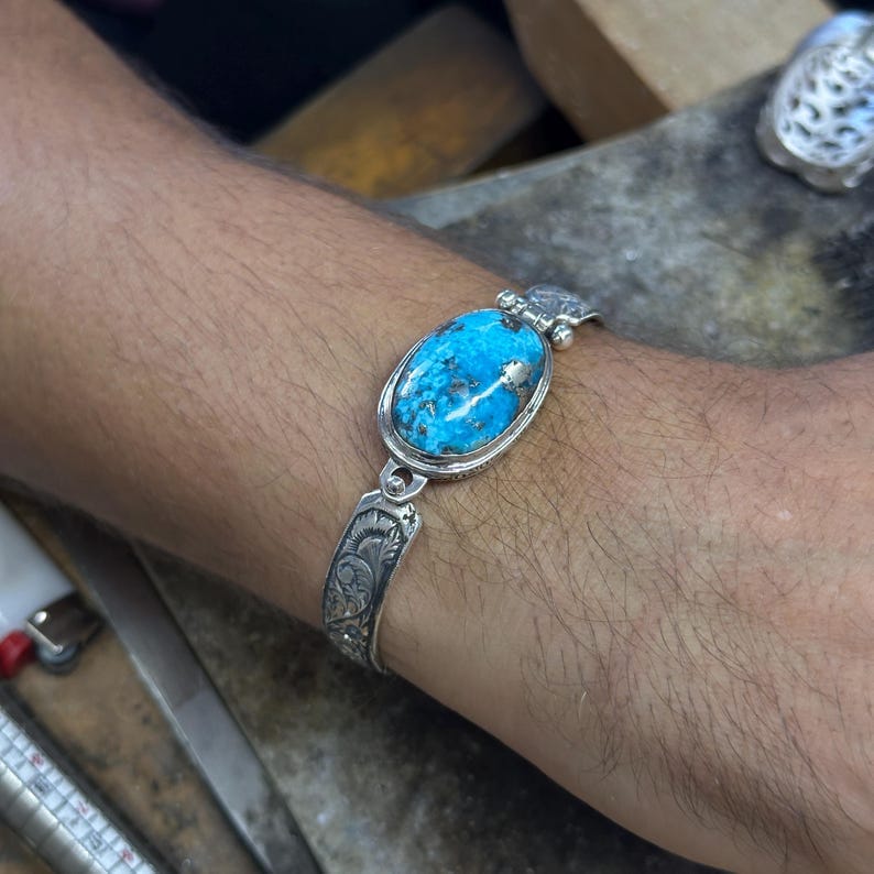 Hand-Engraved Bracelet Cuff with 35 Ct Natural Irani Turquoise | 925 Sterling Silver Bracelet | With Certificate of Authenticity and 925 Hallmark