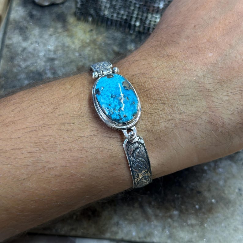 Hand-Engraved Bracelet Cuff with 35 Ct Natural Irani Turquoise | 925 Sterling Silver Bracelet | With Certificate of Authenticity and 925 Hallmark