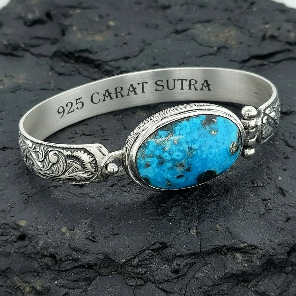 Hand-Engraved Bracelet Cuff with 35 Ct Natural Irani Turquoise | 925 Sterling Silver Bracelet | With Certificate of Authenticity and 925 Hallmark