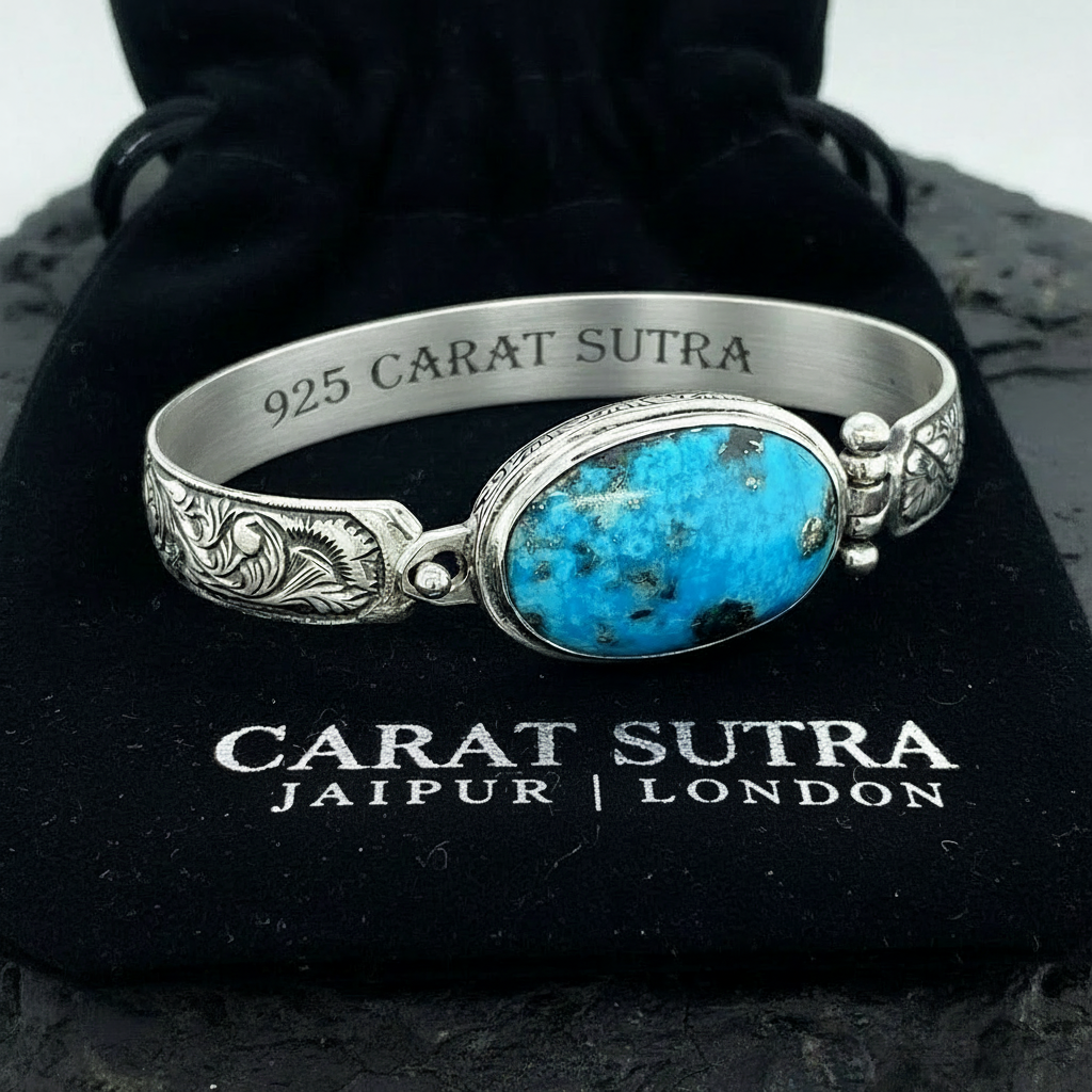 Hand-Engraved Bracelet Cuff with 35 Ct Natural Irani Turquoise | 925 Sterling Silver Bracelet | With Certificate of Authenticity and 925 Hallmark