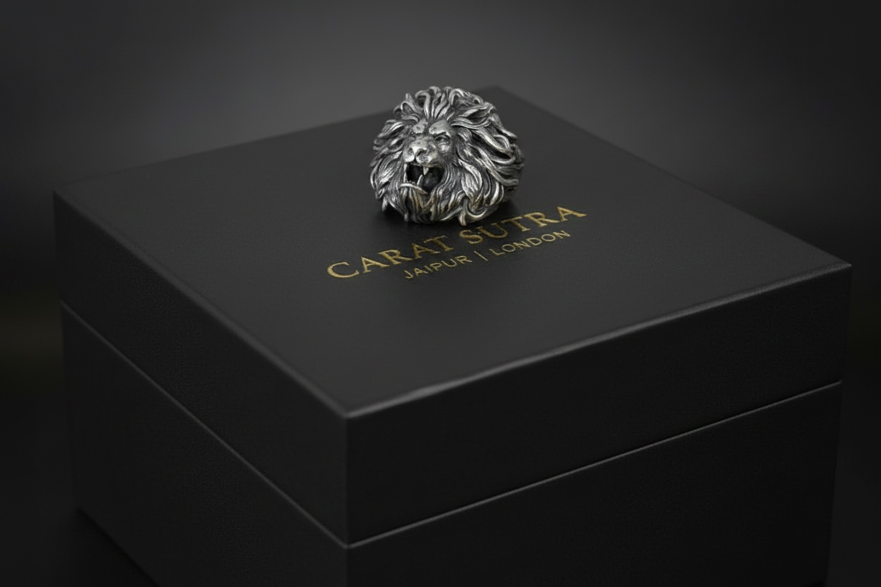 RARE PRINCE by CARAT SUTRA | Unique Designed Ferocious Lion Ring | 925 Sterling Silver Oxidized Ring | Men's Jewelry | With Certificate of Authenticity and 925 Hallmark